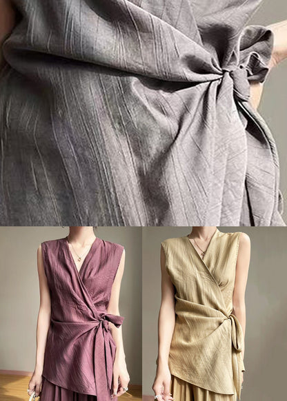 Neck Khaki Up Sleeveless Lace Solid V Cotton Shirts