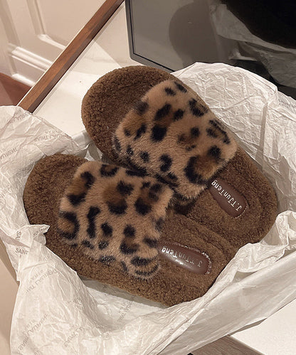 Khaki Leopard Faux Fur Slippers Shoes Splicing Platform TE025