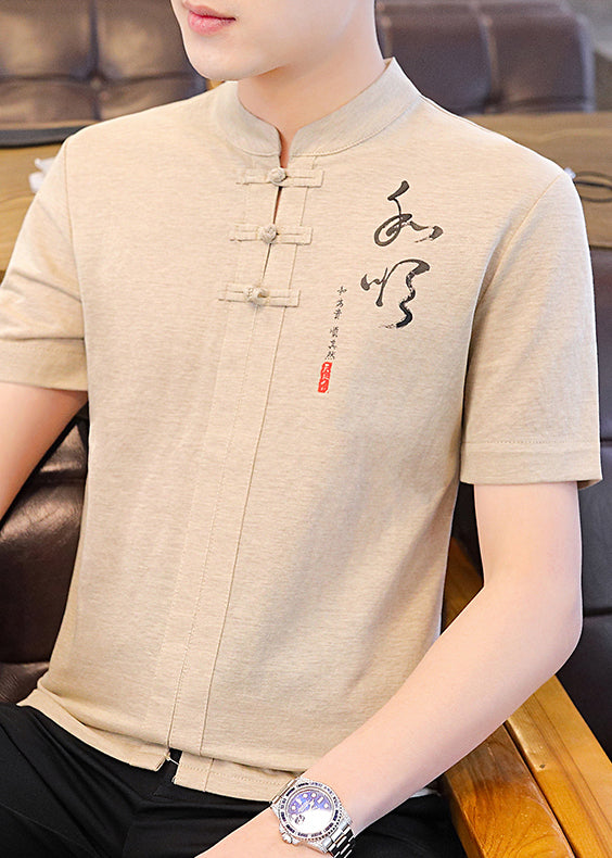 Khaki Stand Cotton Herren T-Shirt mit Kragen und Knopfleiste Sommer