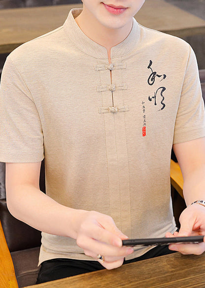 Khaki Stand Cotton Herren T-Shirt mit Kragen und Knopfleiste Sommer