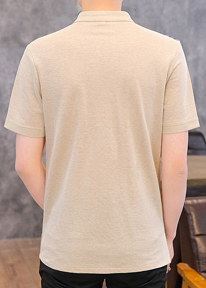 Khaki Stand Cotton Herren T-Shirt mit Kragen und Knopfleiste Sommer