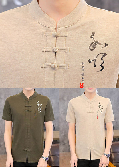 Khaki Stand Cotton Herren T-Shirt mit Kragen und Knopfleiste Sommer