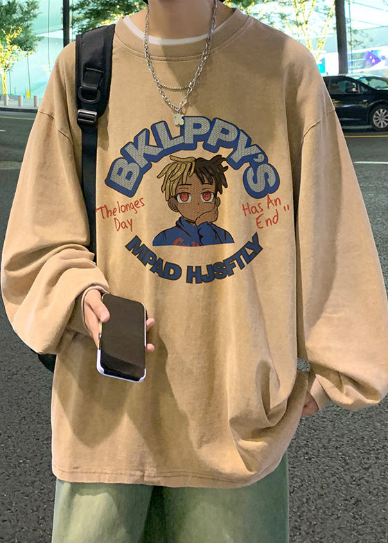 Hemden Khaki Baumwolle Lose Herren Hals Druck Frühling OT