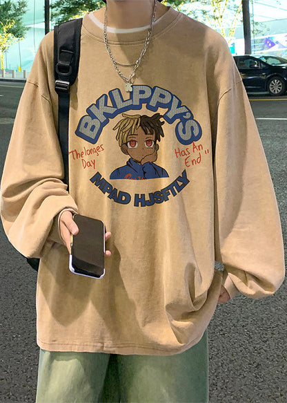 Hemden Khaki Baumwolle Lose Herren Hals Druck Frühling OT