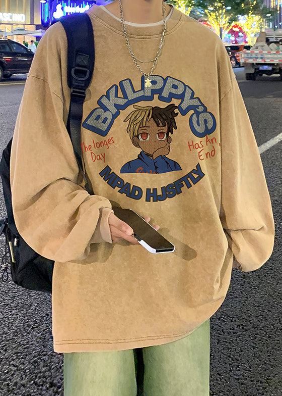 Hemden Khaki Baumwolle Lose Herren Hals Druck Frühling OT