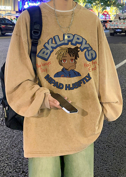 Hemden Khaki Baumwolle Lose Herren Hals Druck Frühling OT