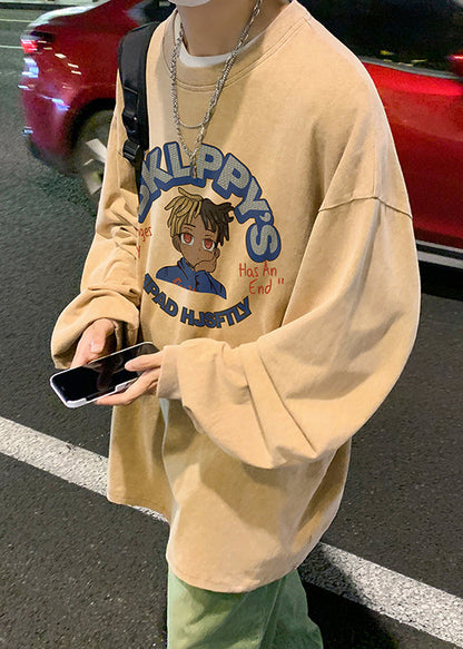 Hemden Khaki Baumwolle Lose Herren Hals Druck Frühling OT