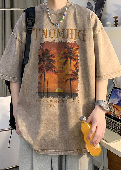 Halb übergroßen Hals T Baumwolle Männer O Khaki Shirt Ärmel Druck