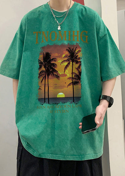 Halb übergroßen Hals T Baumwolle Männer O Khaki Shirt Ärmel Druck