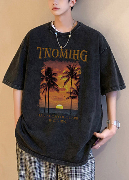 Halb übergroßen Hals T Baumwolle Männer O Khaki Shirt Ärmel Druck