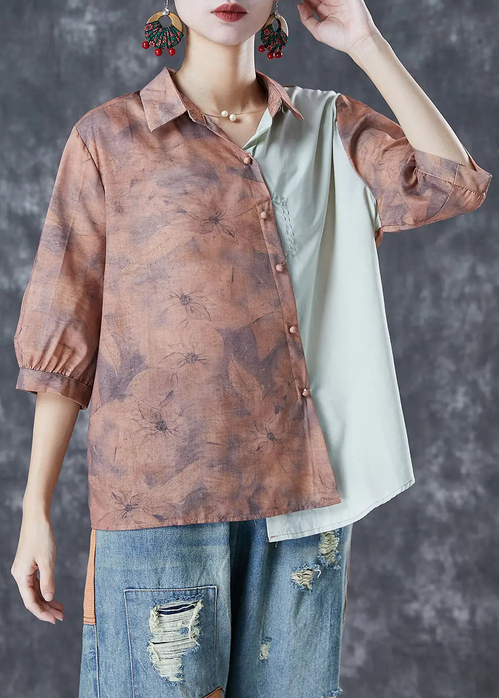 Khaki Print Patchwork Linen Shirt Top Asymmetrical Half Sleeve Ada Fashion