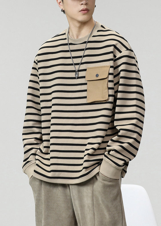 Chemises rayées en coton pour hommes, col et poches, printemps, kaki