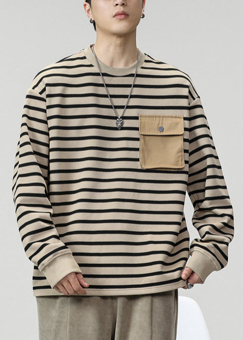 Chemises rayées en coton pour hommes, col et poches, printemps, kaki