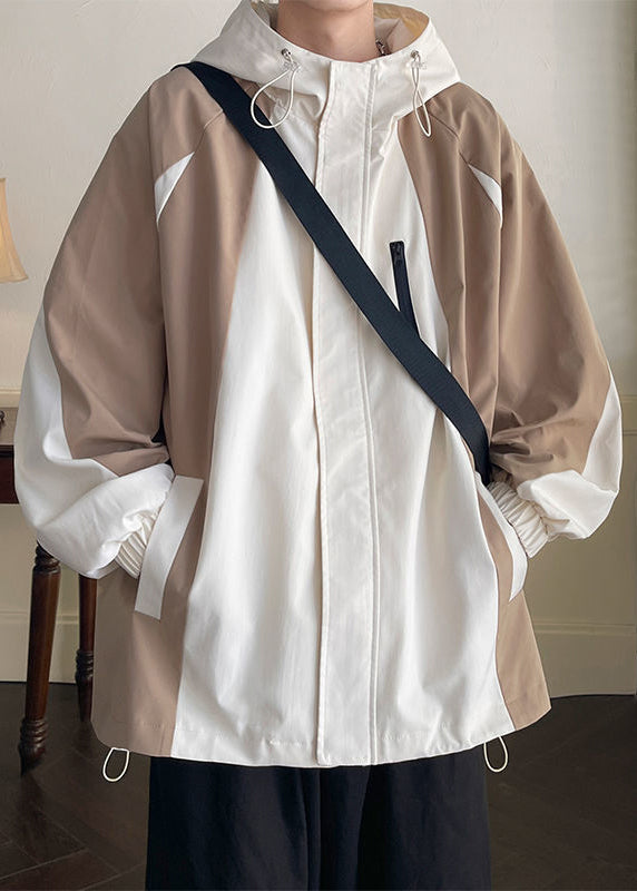 Manteau kaki patchwork à capuche pour homme, poches printemps en coton, fermeture éclair
