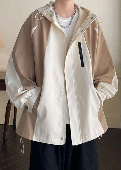 Manteau kaki patchwork à capuche pour homme, poches printemps en coton, fermeture éclair