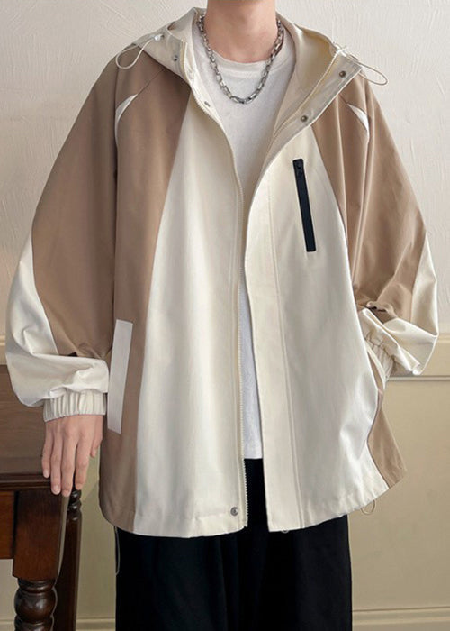 Manteau kaki patchwork à capuche pour homme, poches printemps en coton, fermeture éclair