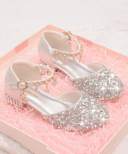 Chaussures plates en cuir pour filles, avec sangle princesse et boucle en zircon, en similicuir argenté