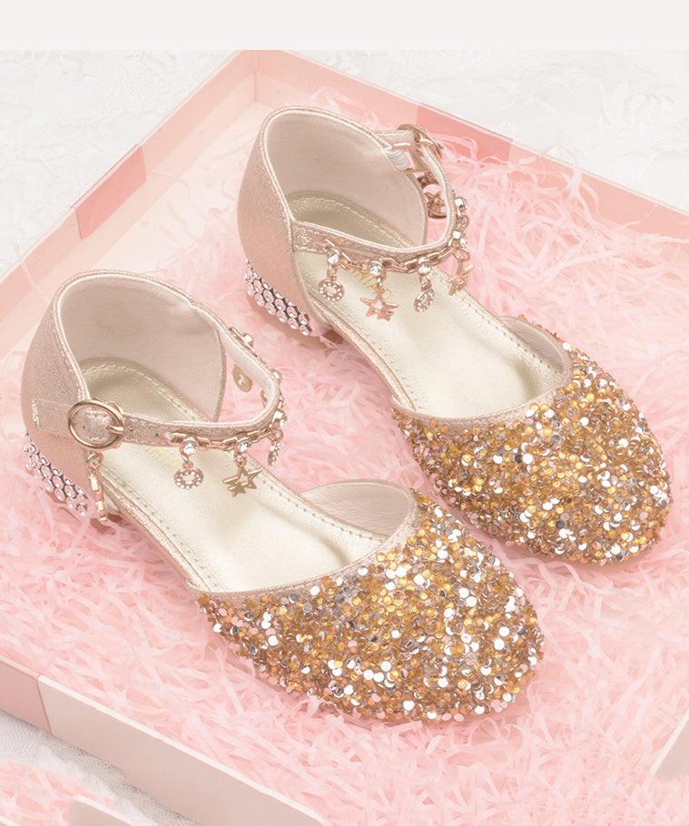 Chaussures plates en cuir pour filles, avec sangle princesse et boucle en zircon, en similicuir argenté