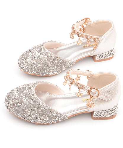 Chaussures plates en cuir pour filles, avec sangle princesse et boucle en zircon, en similicuir argenté