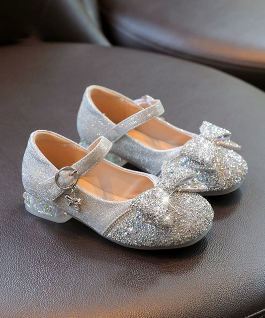 Strap Bow Buckle Faux Silver Kids Leather Zircon Girls Flat Shoes