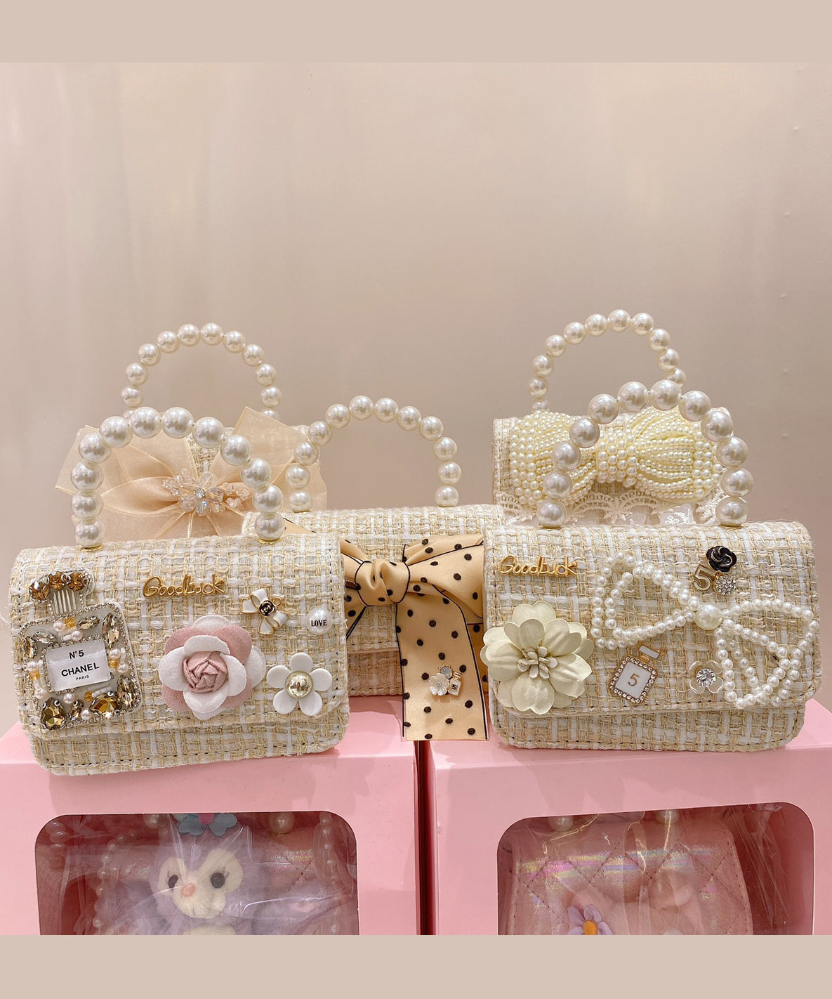 Korean Version Chain Linked Bow Nail Bead Tote Handbag IU012