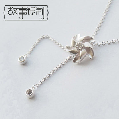 Silver Windmill Rhinestone Necklace Sterling 925 Pendant