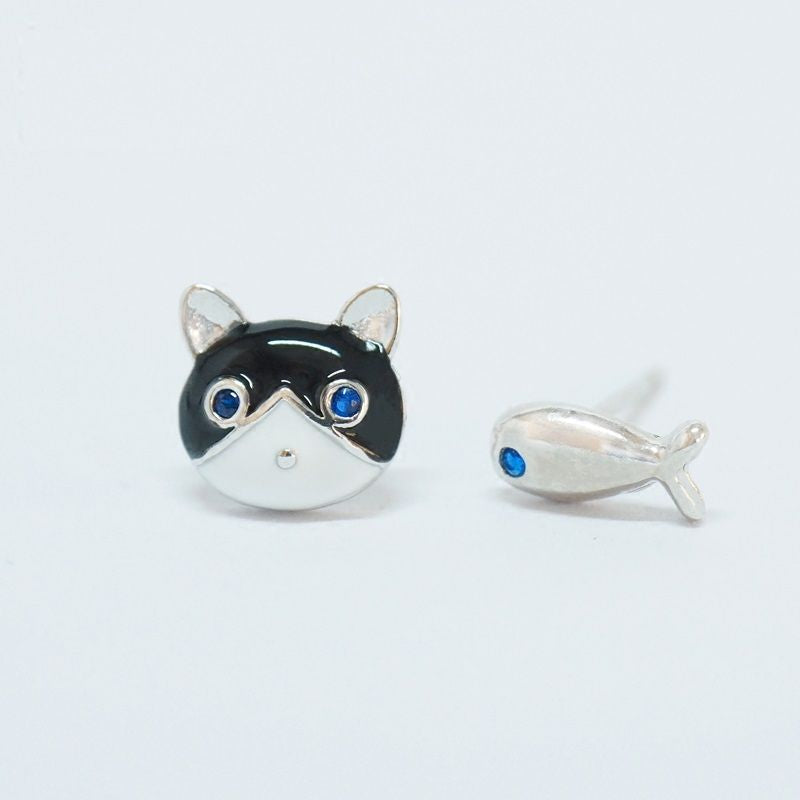 Cat 925 and Non-matching Fish Earring Silver Sterling