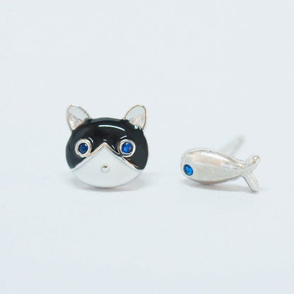 Cat 925 and Non-matching Fish Earring Silver Sterling