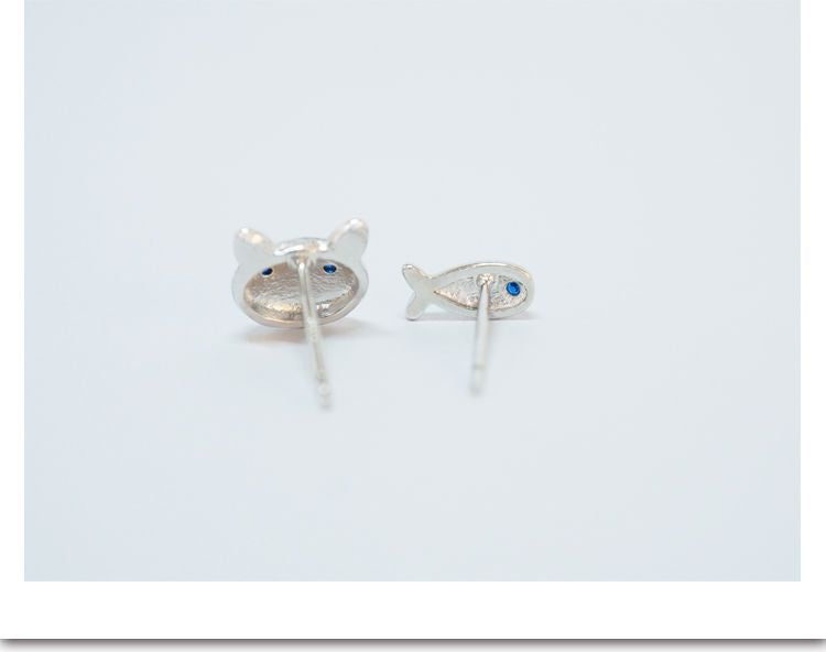 Cat 925 and Non-matching Fish Earring Silver Sterling