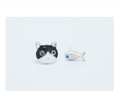 Cat 925 and Non-matching Fish Earring Silver Sterling