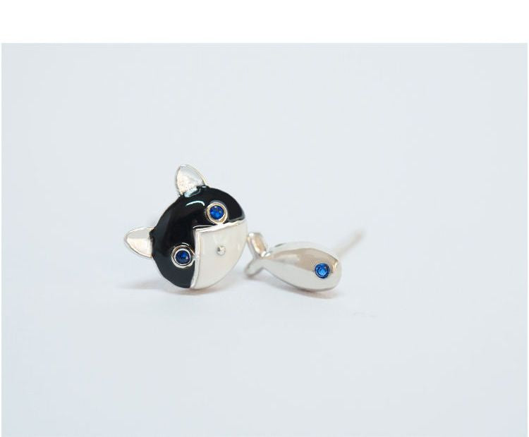 Cat 925 and Non-matching Fish Earring Silver Sterling