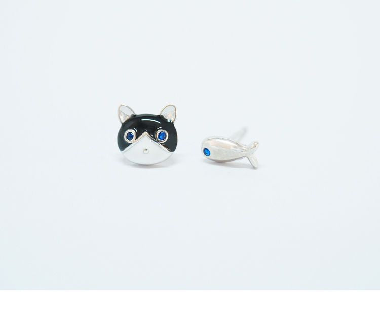 Cat 925 and Non-matching Fish Earring Silver Sterling