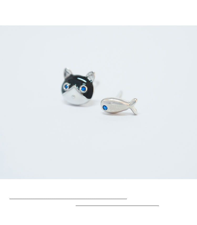 Cat 925 and Non-matching Fish Earring Silver Sterling