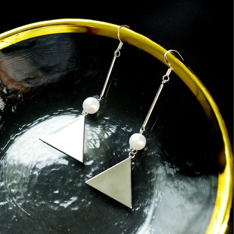Earring Dangle Sterling Silver Pearl Triangle Faux