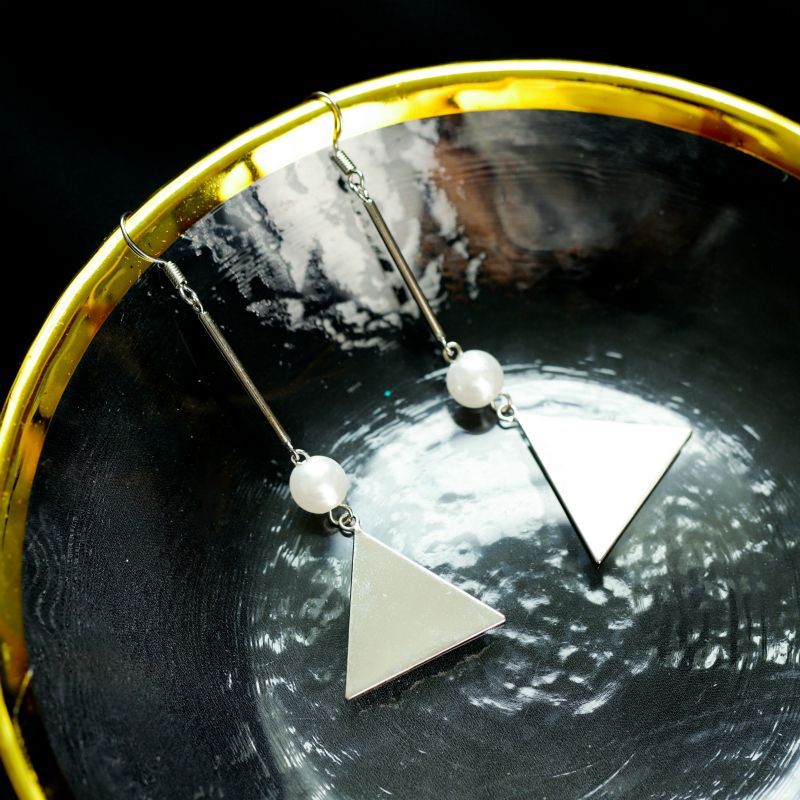 Earring Dangle Sterling Silver Pearl Triangle Faux