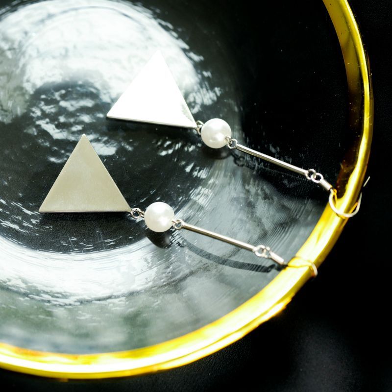 Earring Dangle Sterling Silver Pearl Triangle Faux