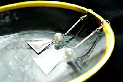 Earring Dangle Sterling Silver Pearl Triangle Faux