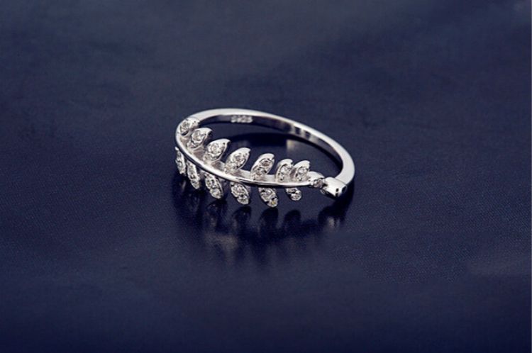 Rhinestone Leaf Ring Open Sterling Silver