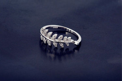 Rhinestone Leaf Ring Open Sterling Silver