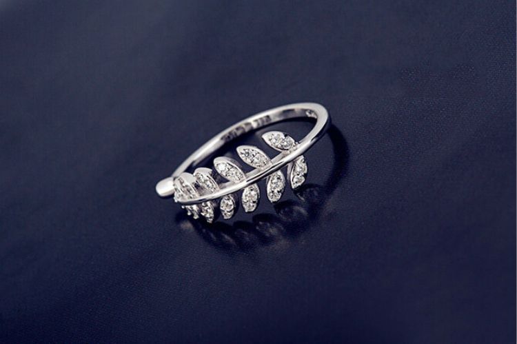 Rhinestone Leaf Ring Open Sterling Silver