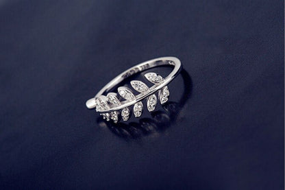 Rhinestone Leaf Ring Open Sterling Silver