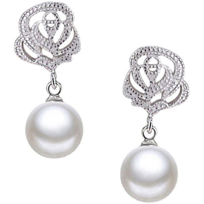 Pearl Rose Earring Faux Rhinestone Dangle