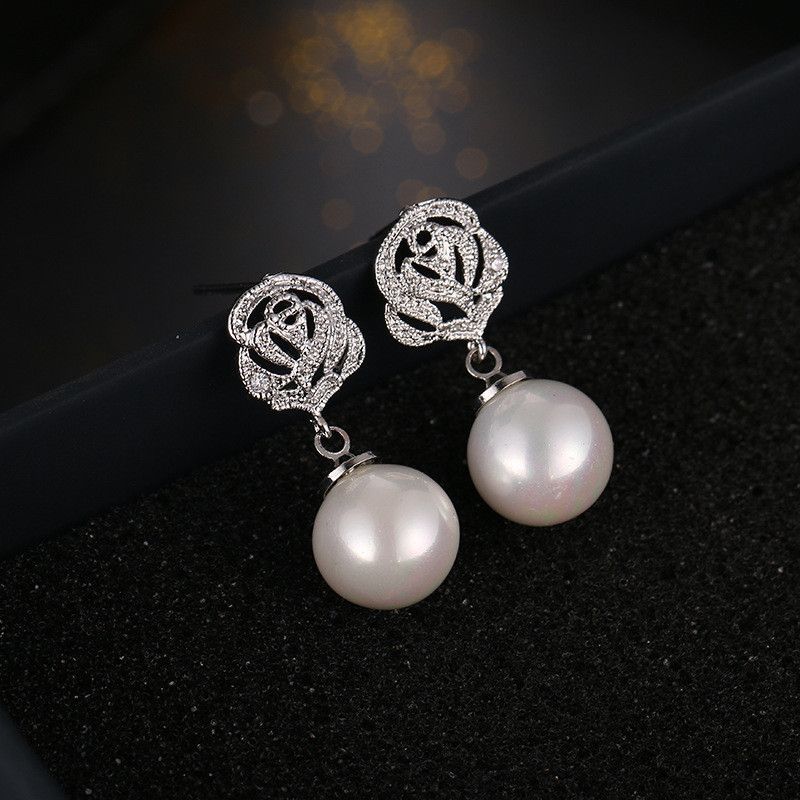 Pearl Rose Earring Faux Rhinestone Dangle