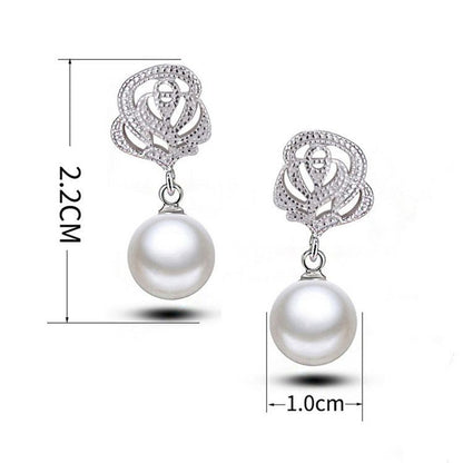 Pearl Rose Earring Faux Rhinestone Dangle