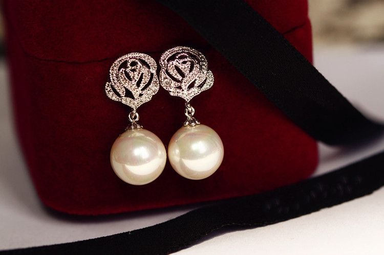 Pearl Rose Earring Faux Rhinestone Dangle