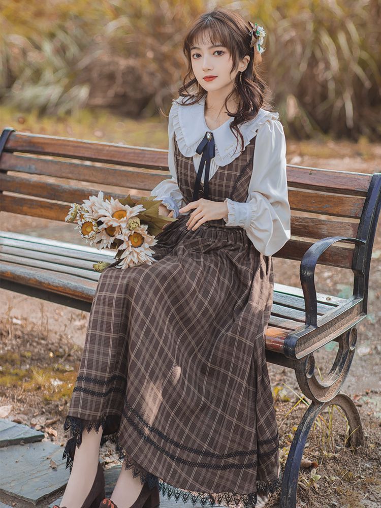 Long-Sleeve Frill Trim Blouse / Plaid Lace Trim Midi A-Line Overall Dress / Set