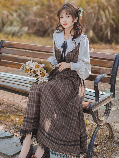 Long-Sleeve Frill Trim Blouse / Plaid Lace Trim Midi A-Line Overall Dress / Set