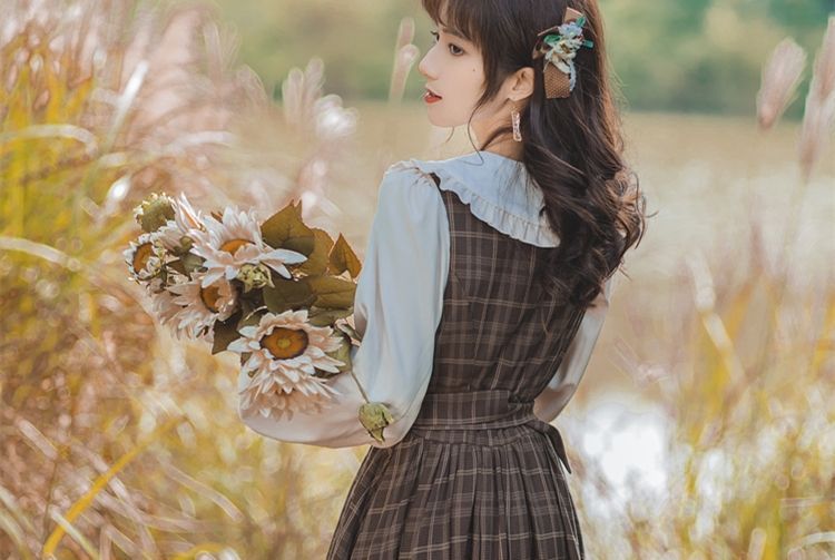 Long-Sleeve Frill Trim Blouse / Plaid Lace Trim Midi A-Line Overall Dress / Set