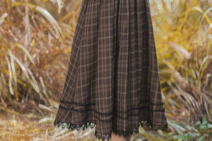 Long-Sleeve Frill Trim Blouse / Plaid Lace Trim Midi A-Line Overall Dress / Set