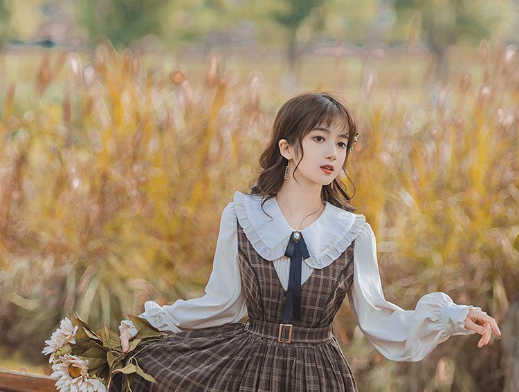 Long-Sleeve Frill Trim Blouse / Plaid Lace Trim Midi A-Line Overall Dress / Set